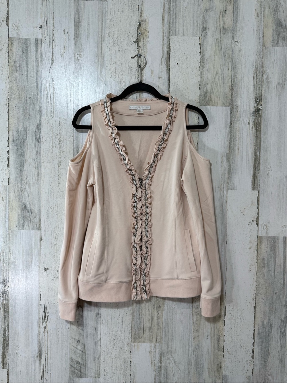 Boston Proper Ruffle Trim Cold-Shoulder Top Zip Up Blush Pink Cream